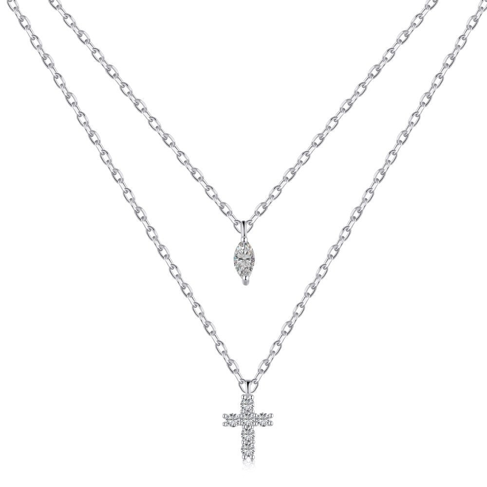 Collier croix double couche en zircone cubique en argent sterling