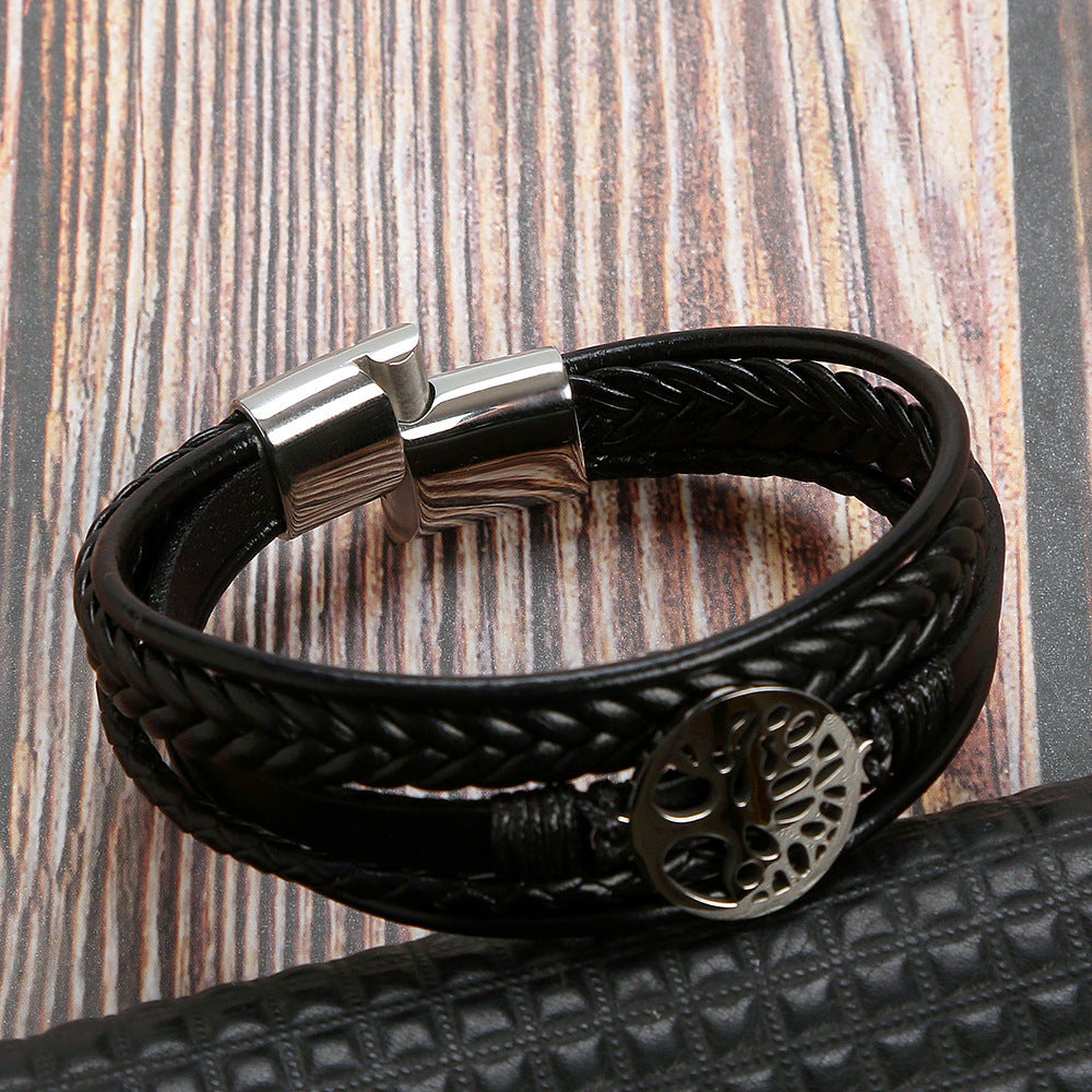 Simple Multilayer Leather Tree of Life Shaped Magnetic Bracelet