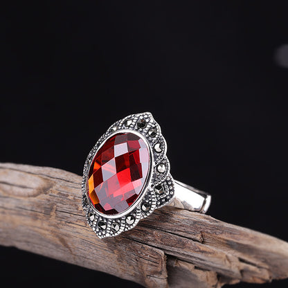 Vintage Flower Garnet Red Adjustable Silver Ring