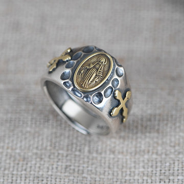 Bague en argent ouverte avec croix mariale vintage