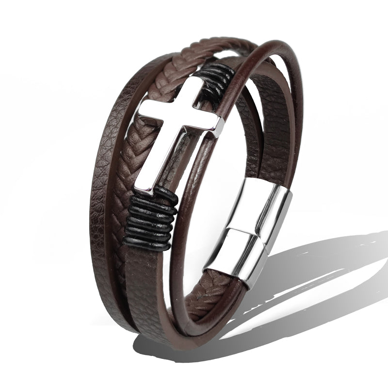 Bracelet en acier inoxydable avec croix en cuir marron noir