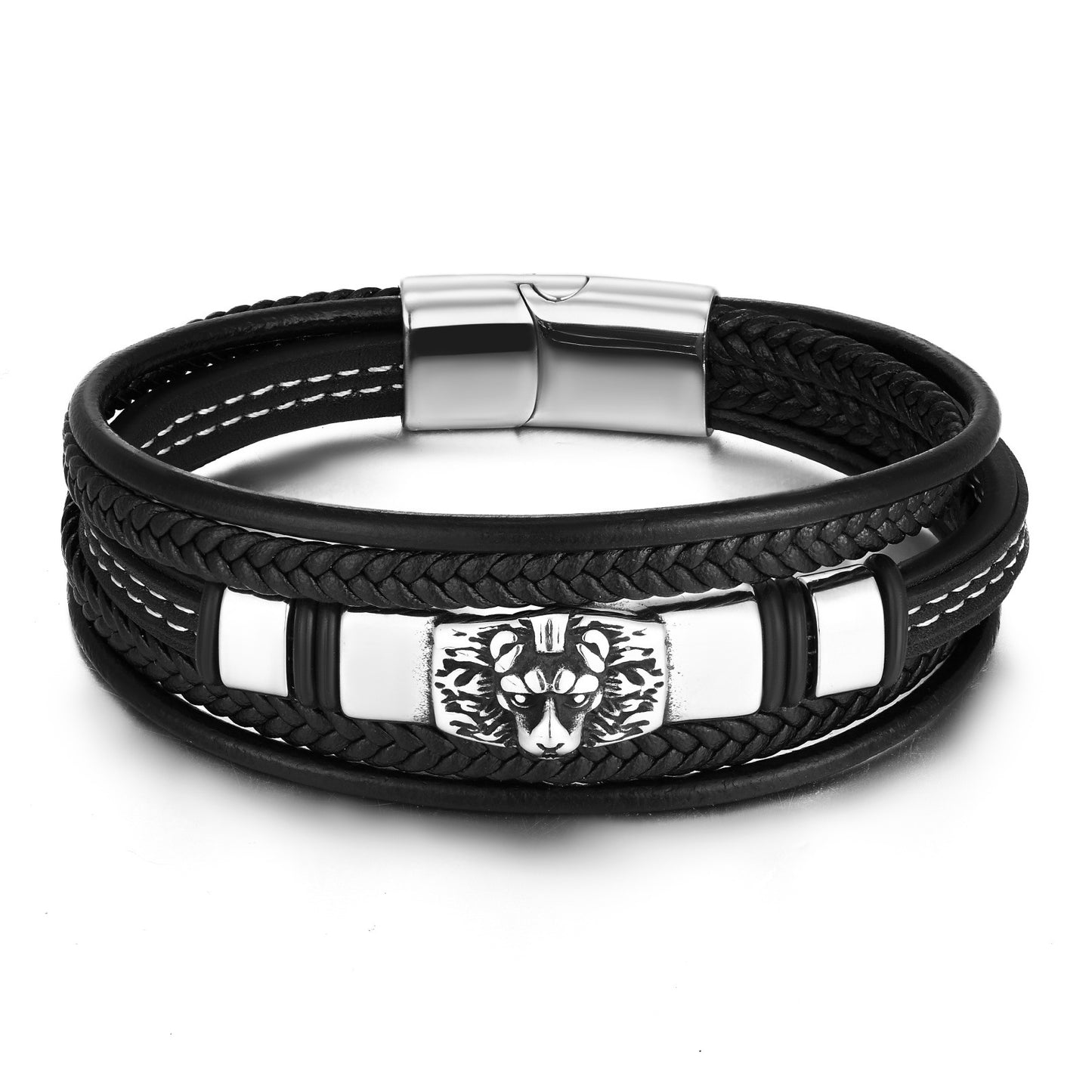 Mehrschichtiges geflochtenes Edelstahl-Lederarmband