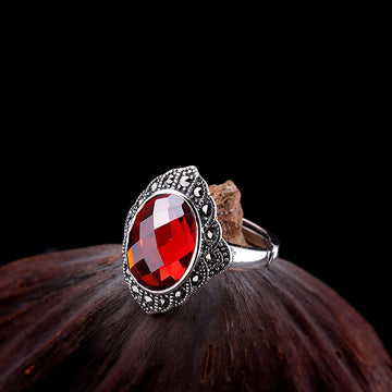 Bague en argent réglable rouge grenat fleur vintage