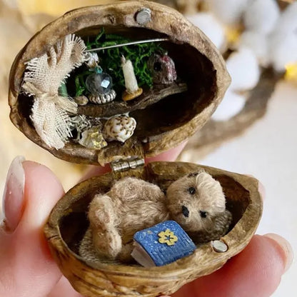 Handmade Walnut Shell Doll House--mini library, tiny World inside walnuts